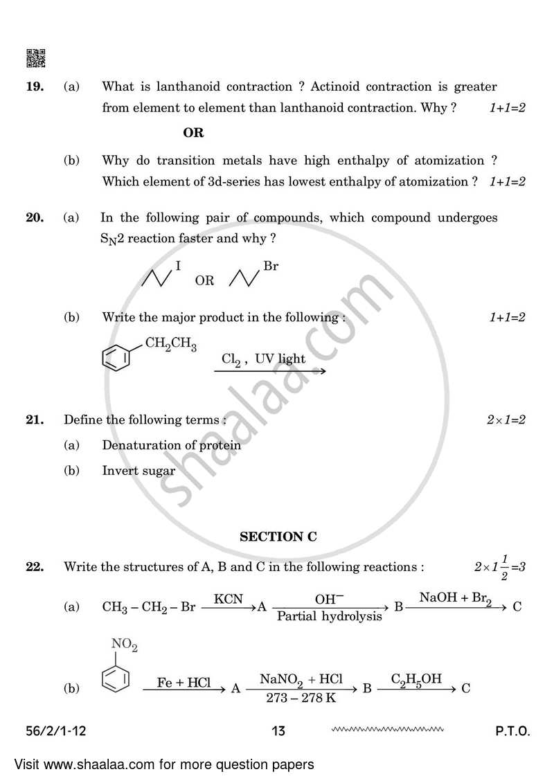Chemistry 2023-2024 - CBSE 12th - Class 12 - CBSE (Central Board of Secondary Education) question paper with PDF download