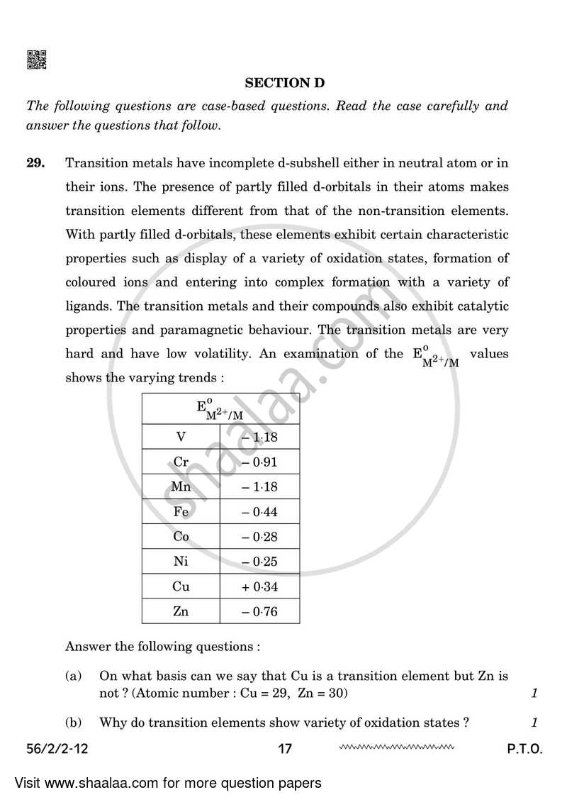Chemistry 2023-2024 - CBSE 12th - Class 12 - CBSE (Central Board of Secondary Education) question paper with PDF download