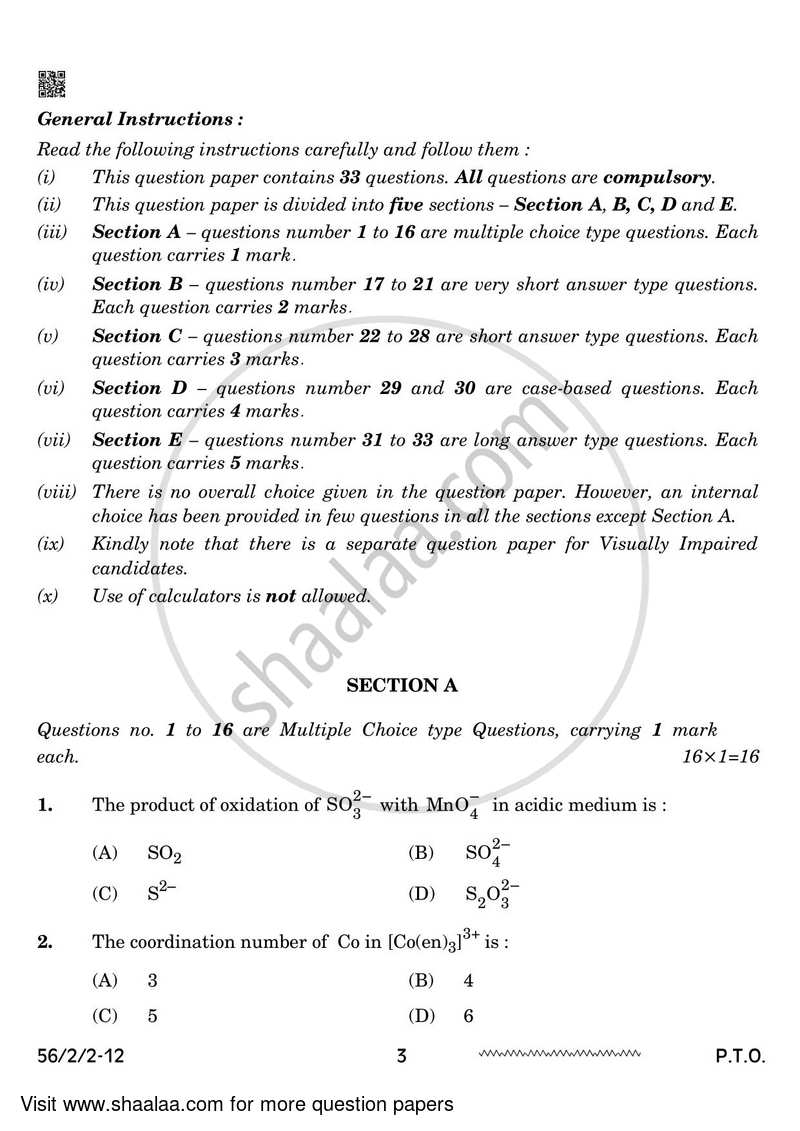 Chemistry 2023-2024 - CBSE 12th - Class 12 - CBSE (Central Board of Secondary Education) question paper with PDF download