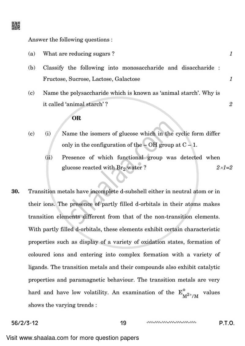 Chemistry 2023-2024 - CBSE 12th - Class 12 - CBSE (Central Board of Secondary Education) question paper with PDF download