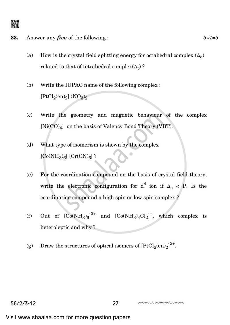 Chemistry 2023-2024 - CBSE 12th - Class 12 - CBSE (Central Board of Secondary Education) question paper with PDF download