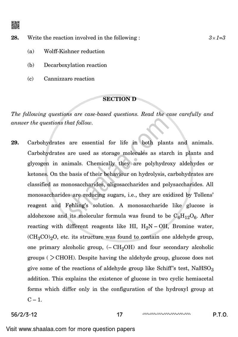Chemistry 2023-2024 - CBSE 12th - Class 12 - CBSE (Central Board of Secondary Education) question paper with PDF download