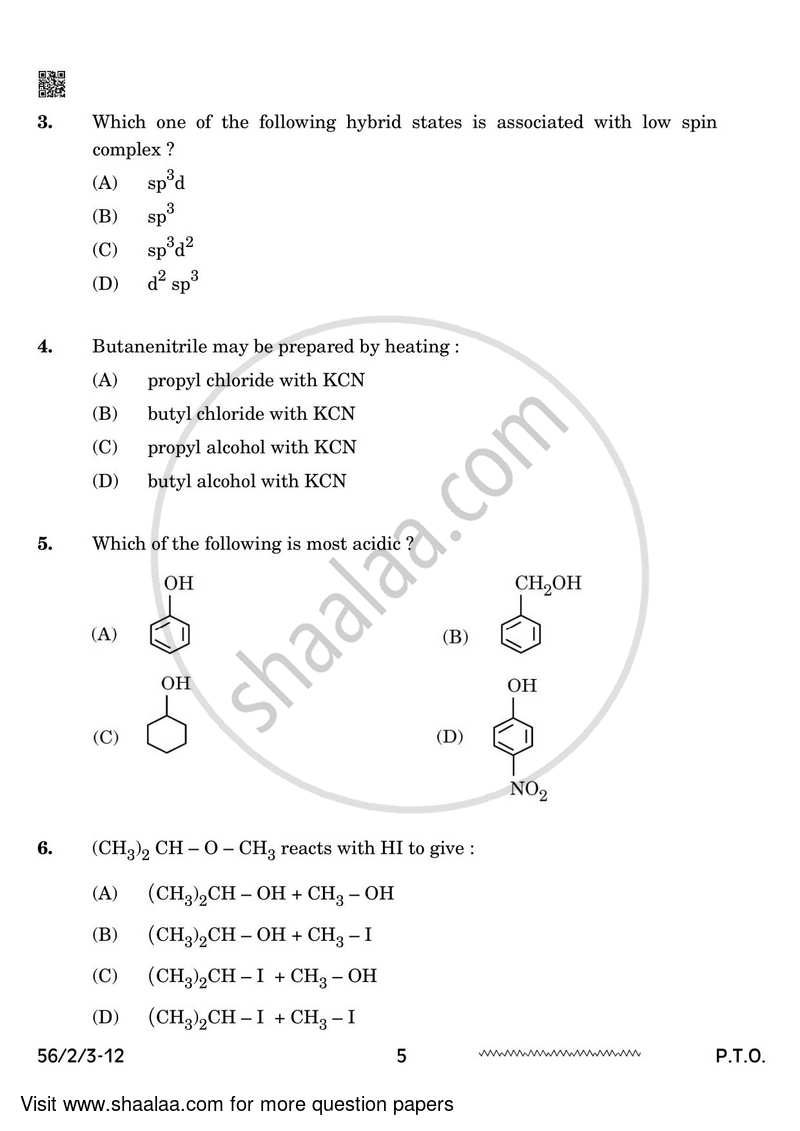 Chemistry 2023-2024 - CBSE 12th - Class 12 - CBSE (Central Board of Secondary Education) question paper with PDF download