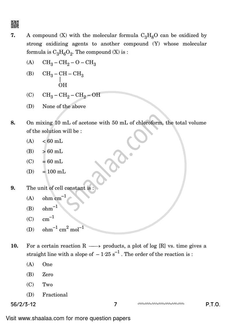 Chemistry 2023-2024 - CBSE 12th - Class 12 - CBSE (Central Board of Secondary Education) question paper with PDF download