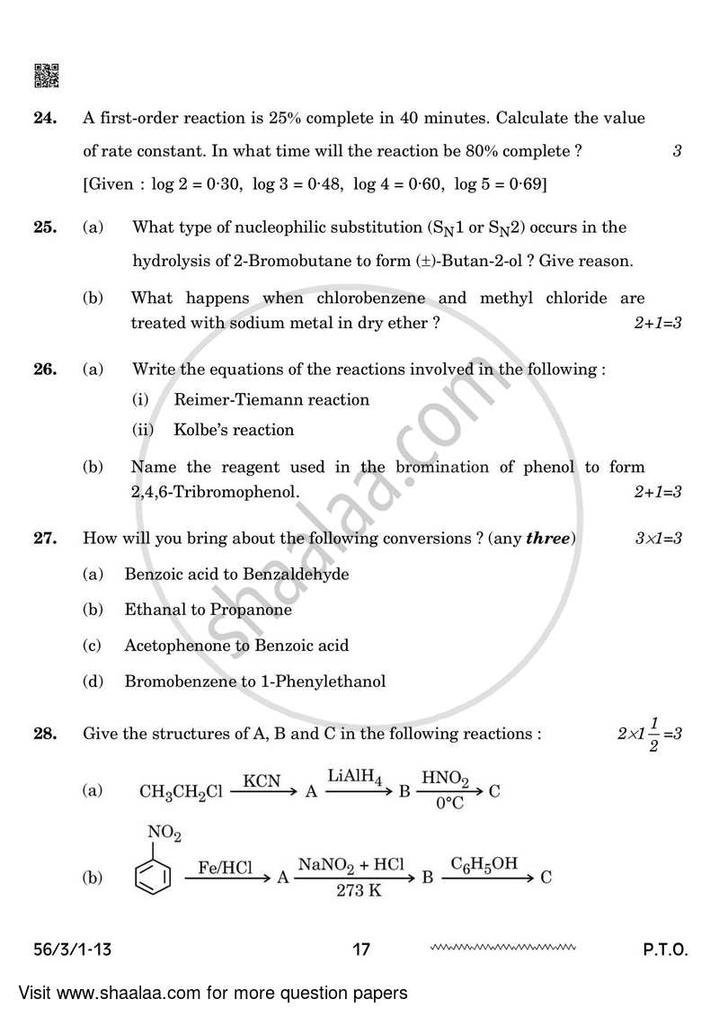 Chemistry 2023-2024 - CBSE 12th - Class 12 - CBSE (Central Board of Secondary Education) question paper with PDF download