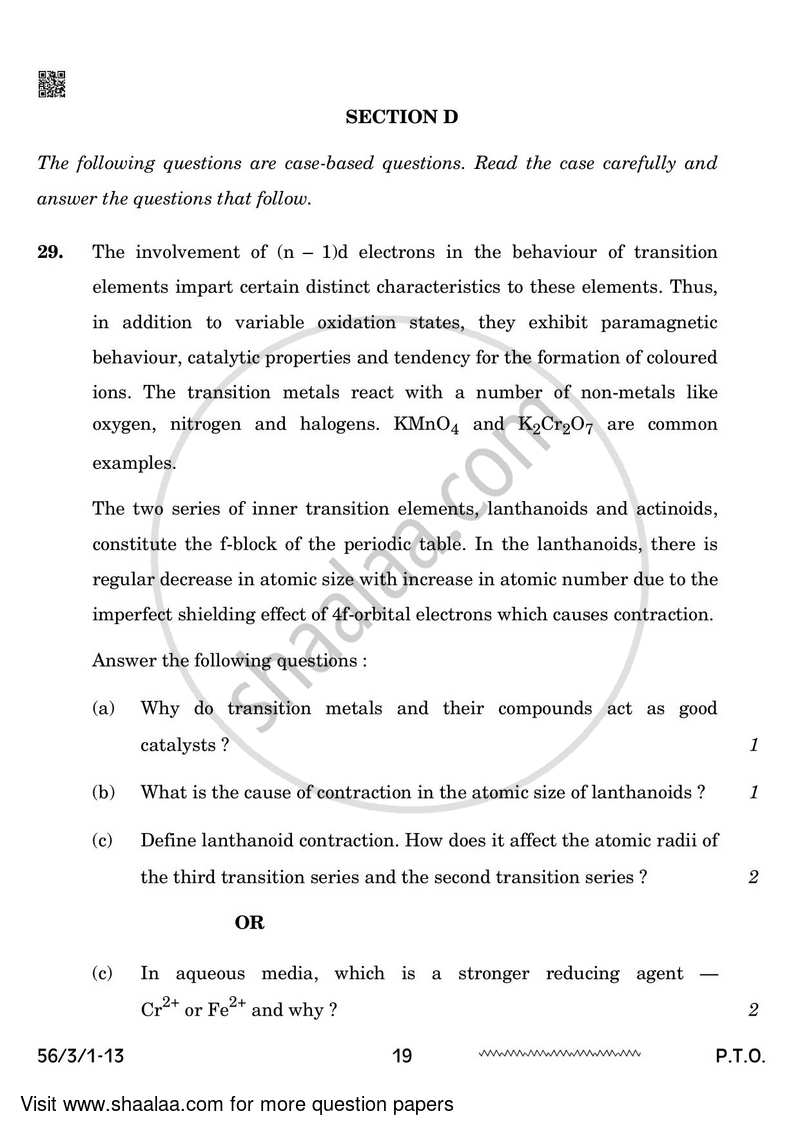 Chemistry 2023-2024 - CBSE 12th - Class 12 - CBSE (Central Board of Secondary Education) question paper with PDF download