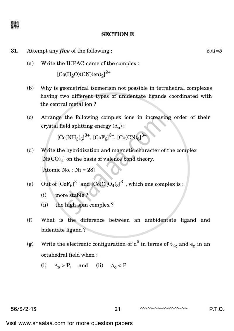 Chemistry 2023-2024 - CBSE 12th - Class 12 - CBSE (Central Board of Secondary Education) question paper with PDF download