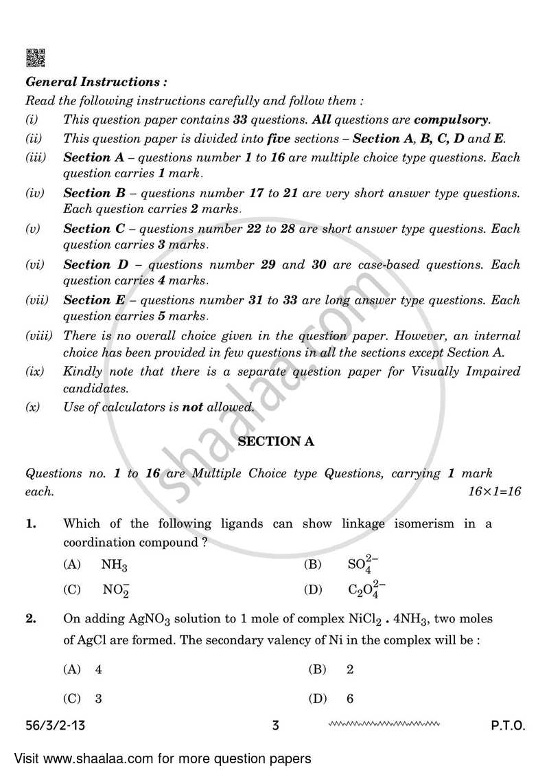 Chemistry 2023-2024 - CBSE 12th - Class 12 - CBSE (Central Board of Secondary Education) question paper with PDF download