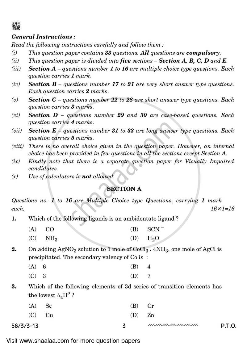 Chemistry 2023-2024 - CBSE 12th - Class 12 - CBSE (Central Board of Secondary Education) question paper with PDF download