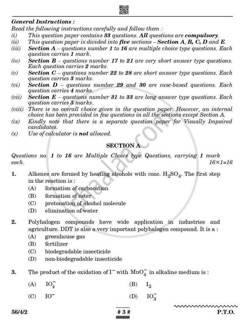 Chemistry 2024-2025 - CBSE 12th - Class 12 - CBSE (Central Board of Secondary Education) question paper with PDF download