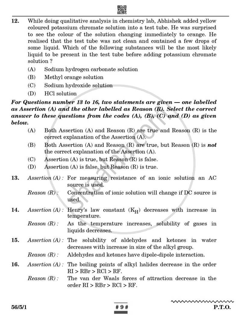 Chemistry 2024-2025 - CBSE 12th - Class 12 - CBSE (Central Board of Secondary Education) question paper with PDF download