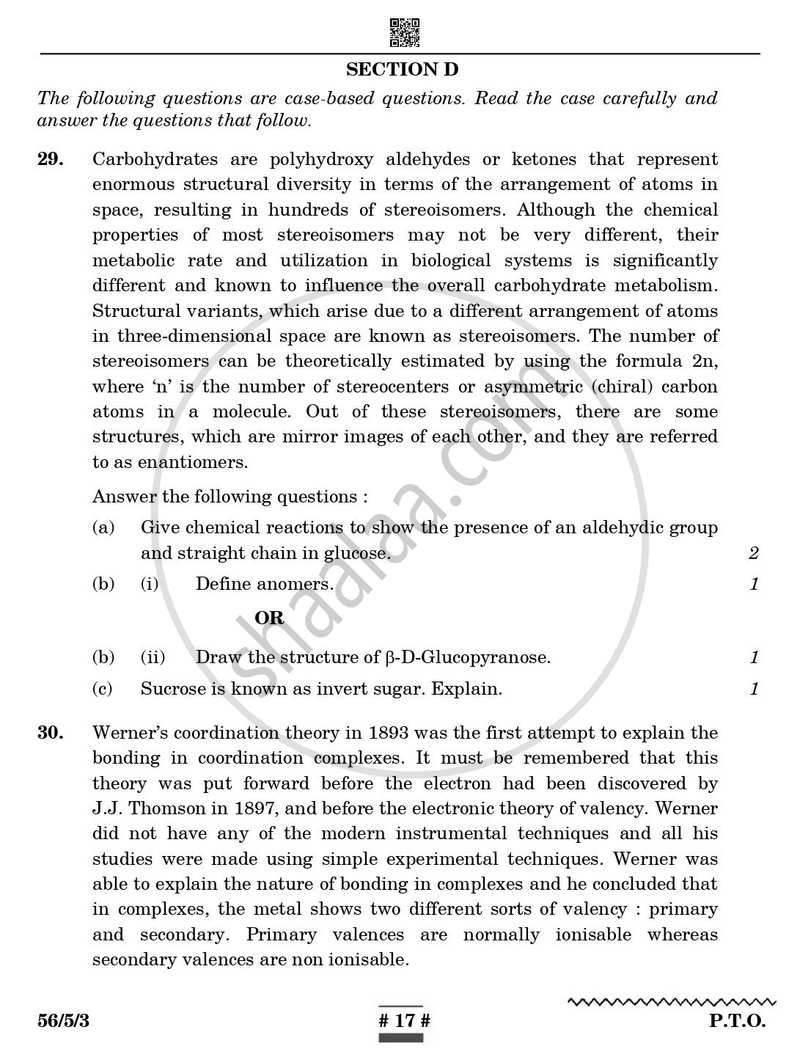 Chemistry 2024-2025 - CBSE 12th - Class 12 - CBSE (Central Board of Secondary Education) question paper with PDF download