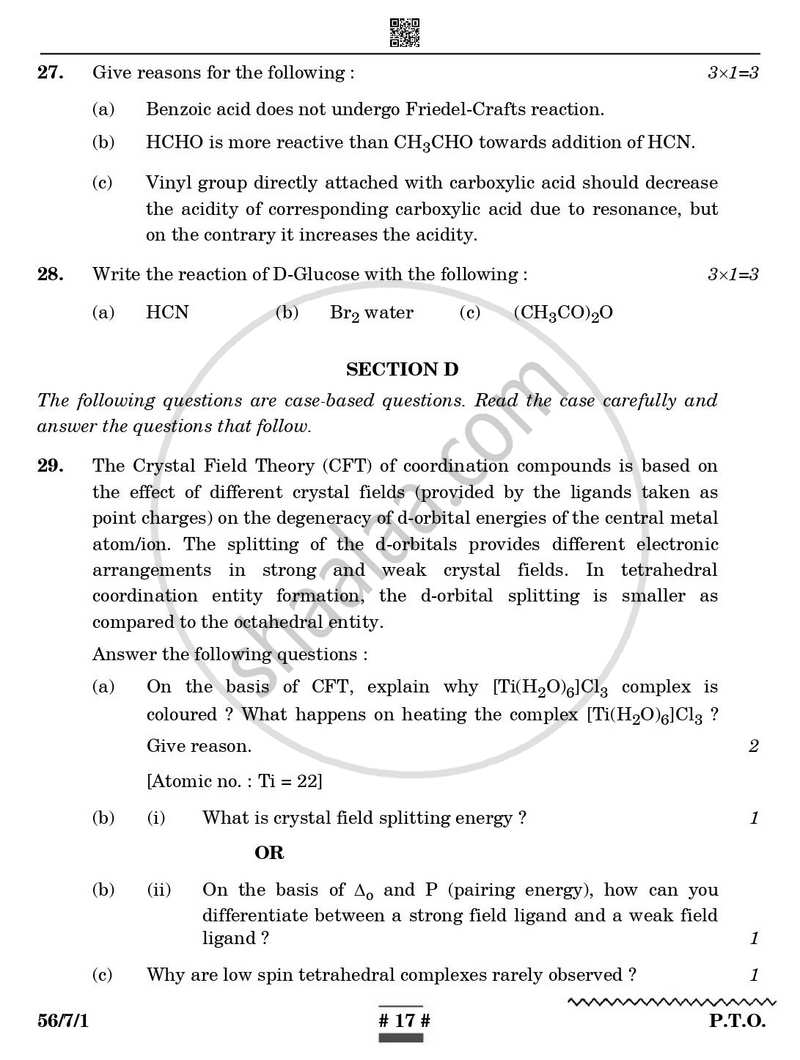 Chemistry 2024-2025 - CBSE 12th - Class 12 - CBSE (Central Board of Secondary Education) question paper with PDF download