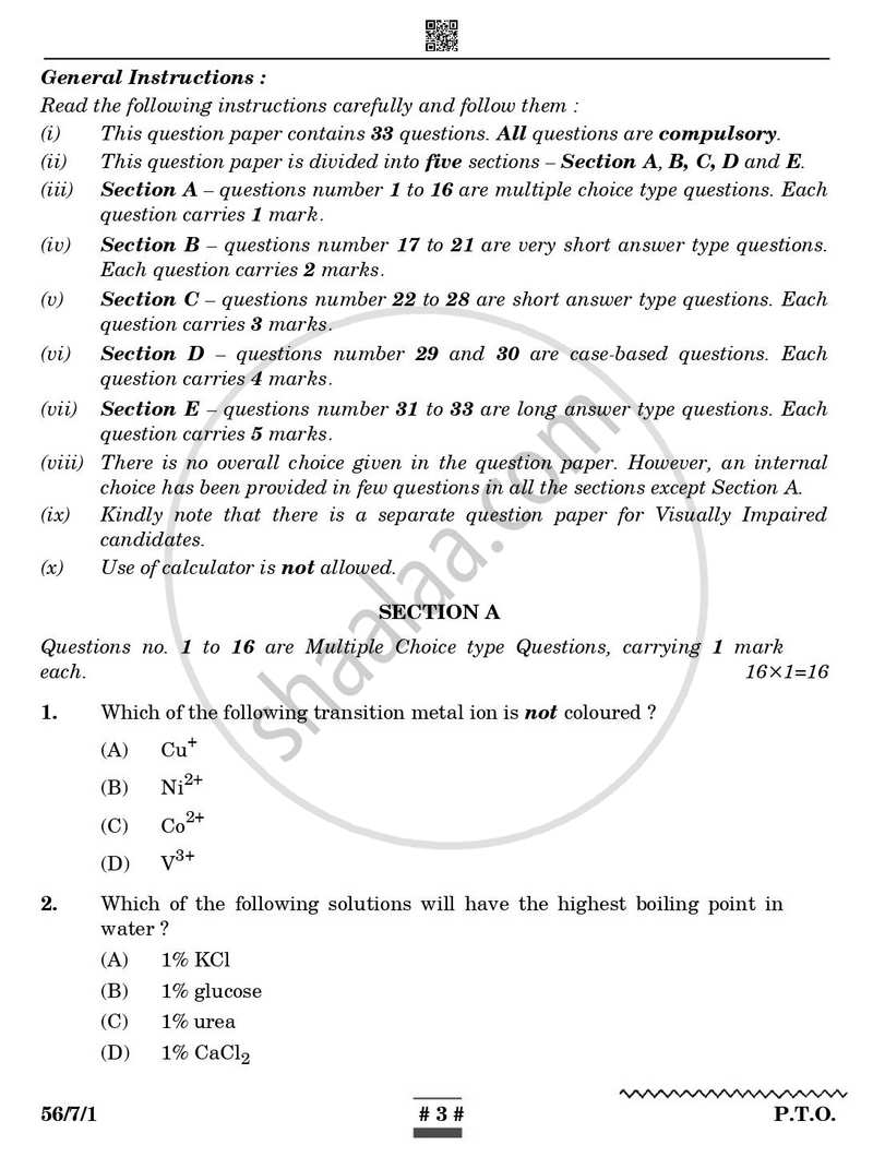 Chemistry 2024-2025 - CBSE 12th - Class 12 - CBSE (Central Board of Secondary Education) question paper with PDF download