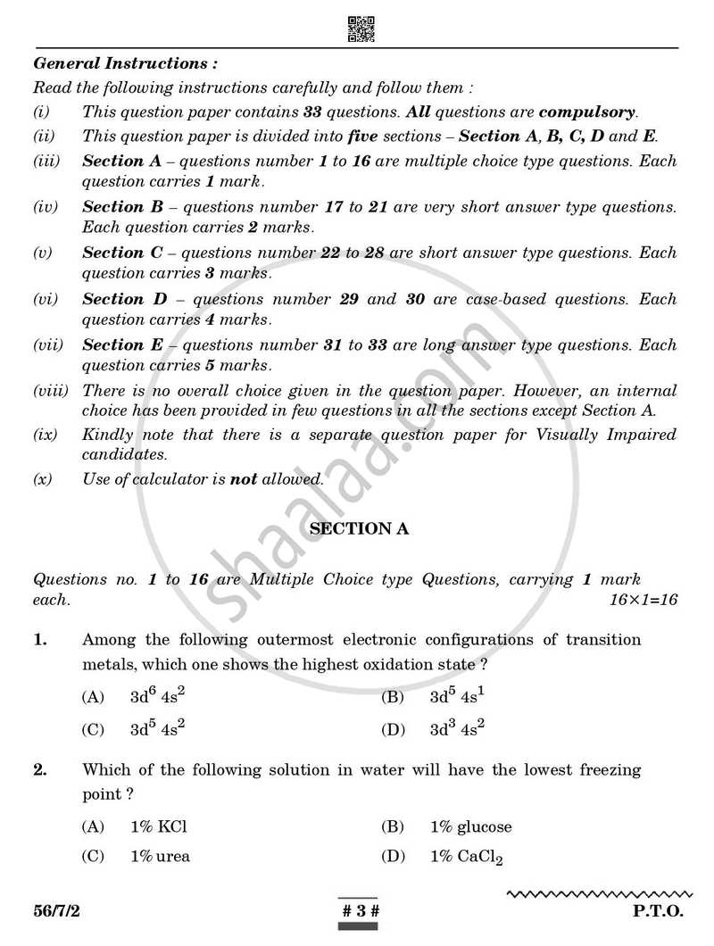 Chemistry 2024-2025 - CBSE 12th - Class 12 - CBSE (Central Board of Secondary Education) question paper with PDF download