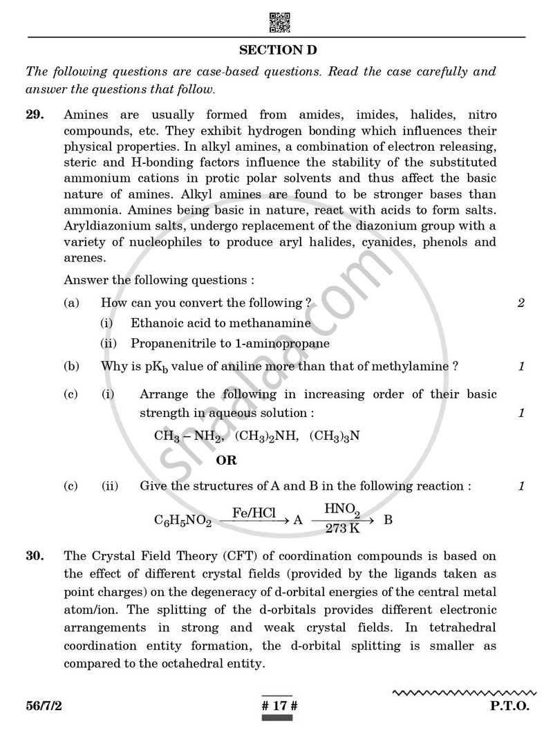 Chemistry 2024-2025 - CBSE 12th - Class 12 - CBSE (Central Board of Secondary Education) question paper with PDF download