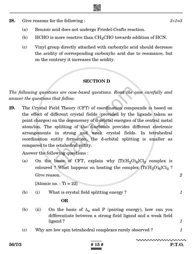 Chemistry 2024-2025 - CBSE 12th - Class 12 - CBSE (Central Board of Secondary Education) question paper with PDF download