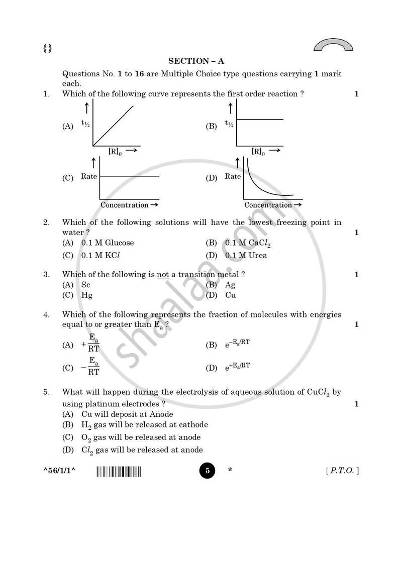Chemistry 2025-2026 - CBSE 12th - Class 12 - CBSE (Central Board of Secondary Education) question paper with PDF download