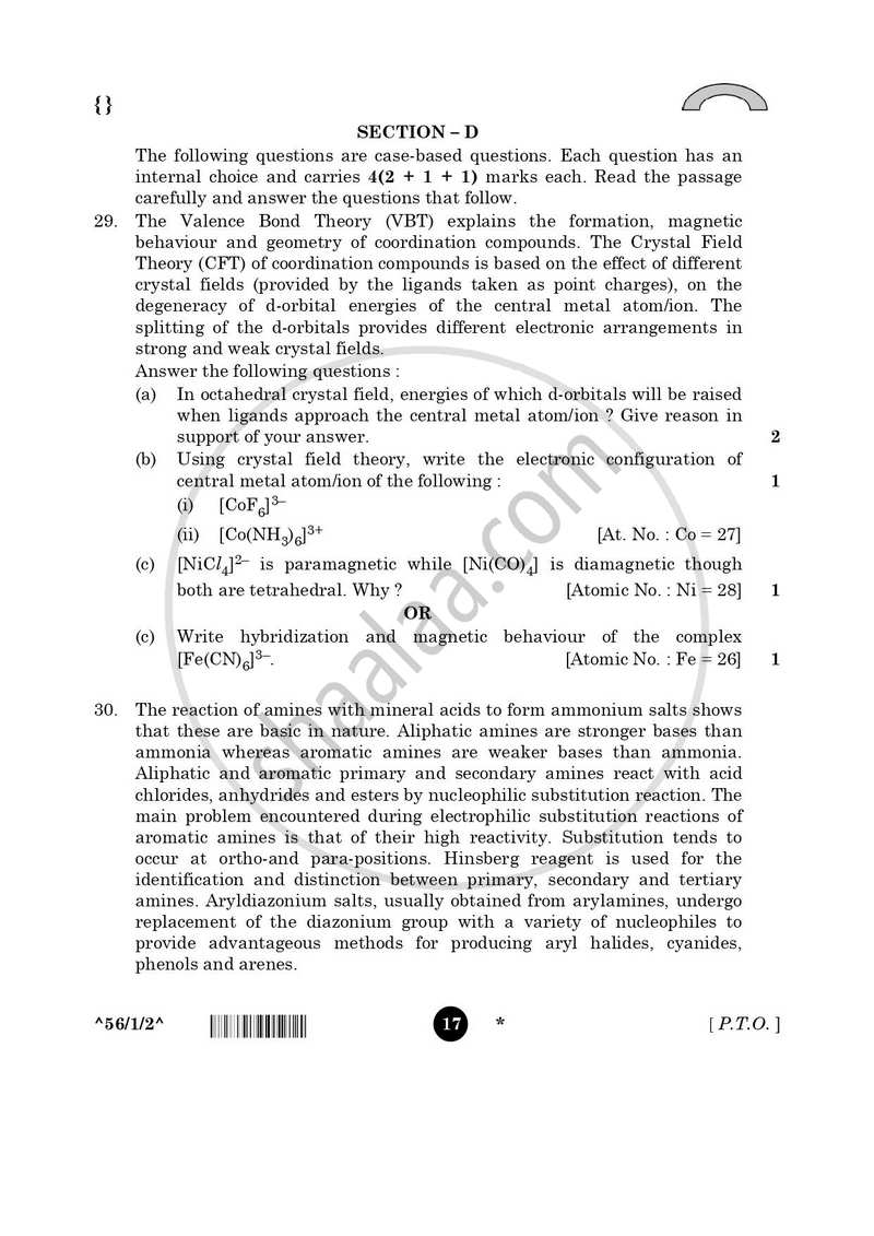 Chemistry 2025-2026 - CBSE 12th - Class 12 - CBSE (Central Board of Secondary Education) question paper with PDF download