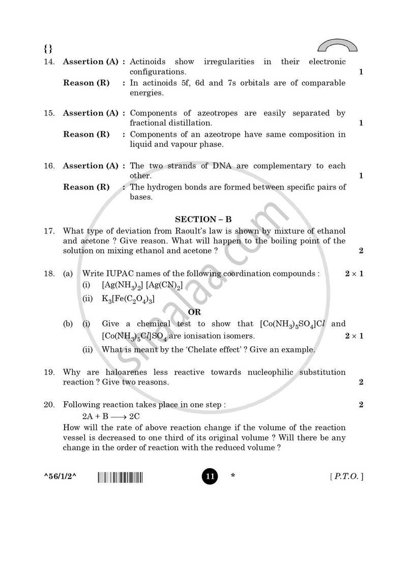 Chemistry 2025-2026 - CBSE 12th - Class 12 - CBSE (Central Board of Secondary Education) question paper with PDF download