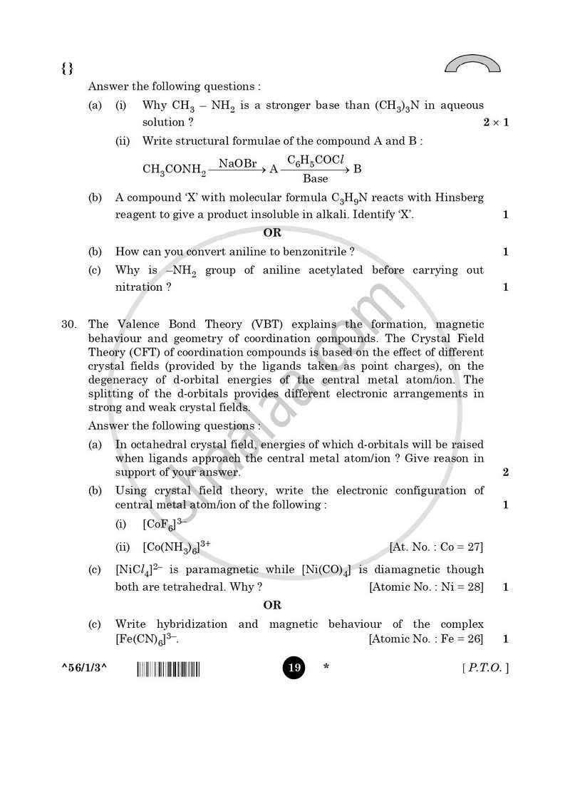 Chemistry 2025-2026 - CBSE 12th - Class 12 - CBSE (Central Board of Secondary Education) question paper with PDF download