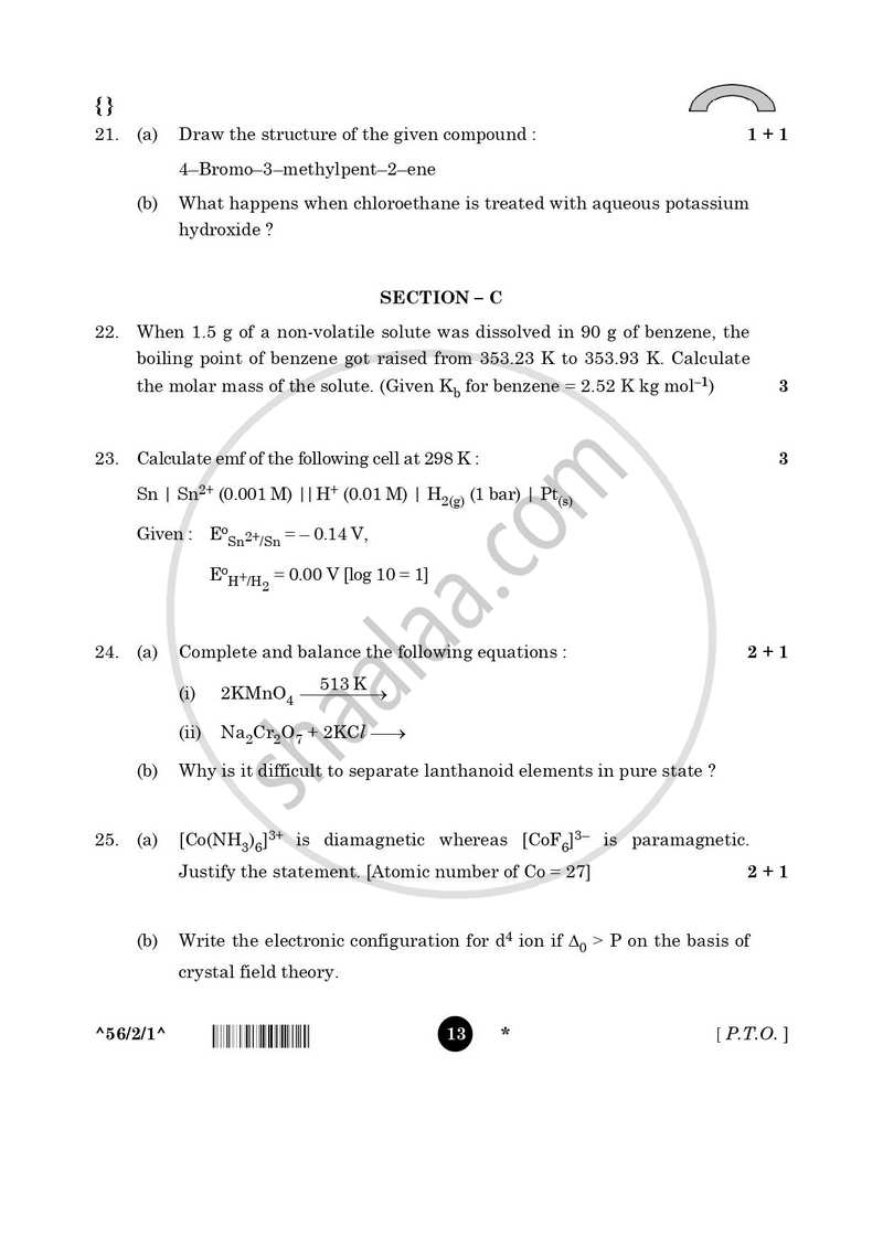 Chemistry 2025-2026 - CBSE 12th - Class 12 - CBSE (Central Board of Secondary Education) question paper with PDF download