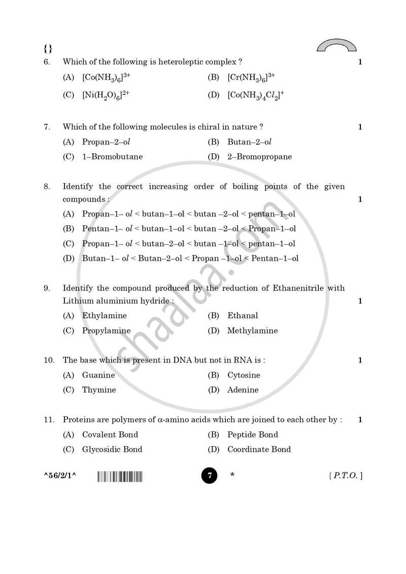 Chemistry 2025-2026 - CBSE 12th - Class 12 - CBSE (Central Board of Secondary Education) question paper with PDF download