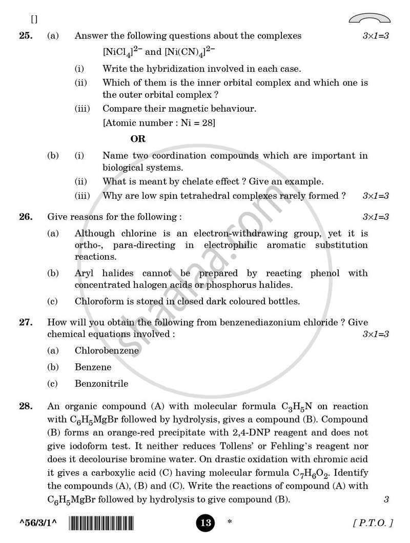 Chemistry 2025-2026 - CBSE 12th - Class 12 - CBSE (Central Board of Secondary Education) question paper with PDF download