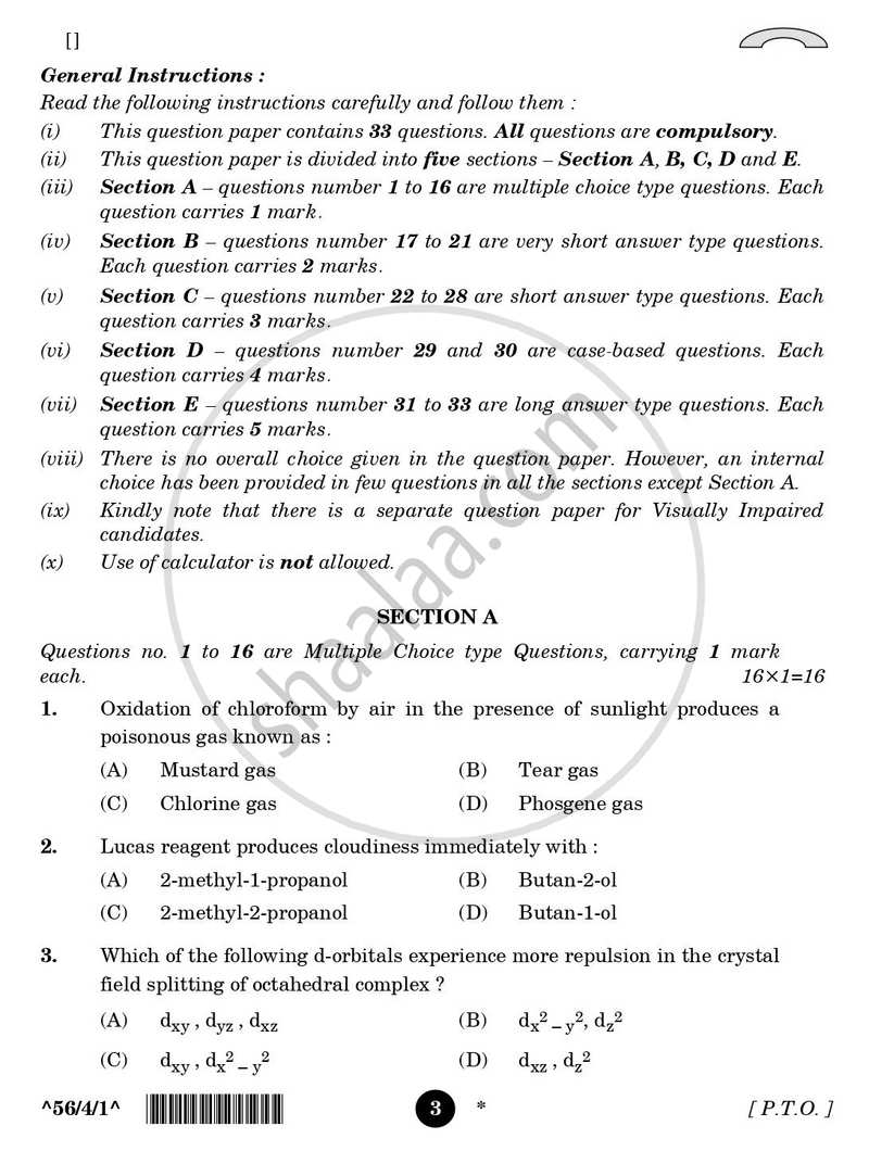 Chemistry 2025-2026 - CBSE 12th - Class 12 - CBSE (Central Board of Secondary Education) question paper with PDF download