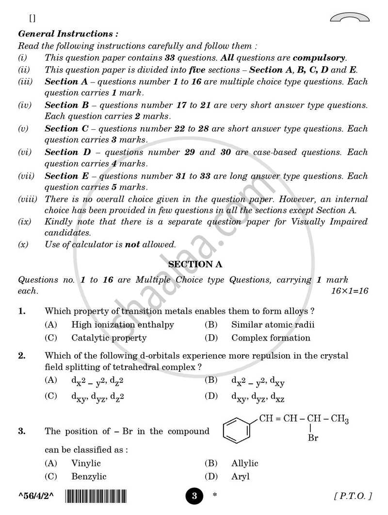 Chemistry 2025-2026 - CBSE 12th - Class 12 - CBSE (Central Board of Secondary Education) question paper with PDF download