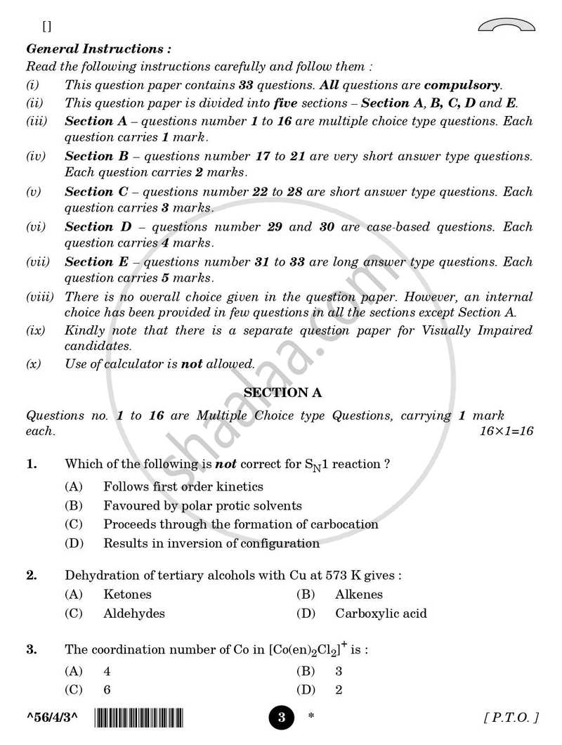 Chemistry 2025-2026 - CBSE 12th - Class 12 - CBSE (Central Board of Secondary Education) question paper with PDF download