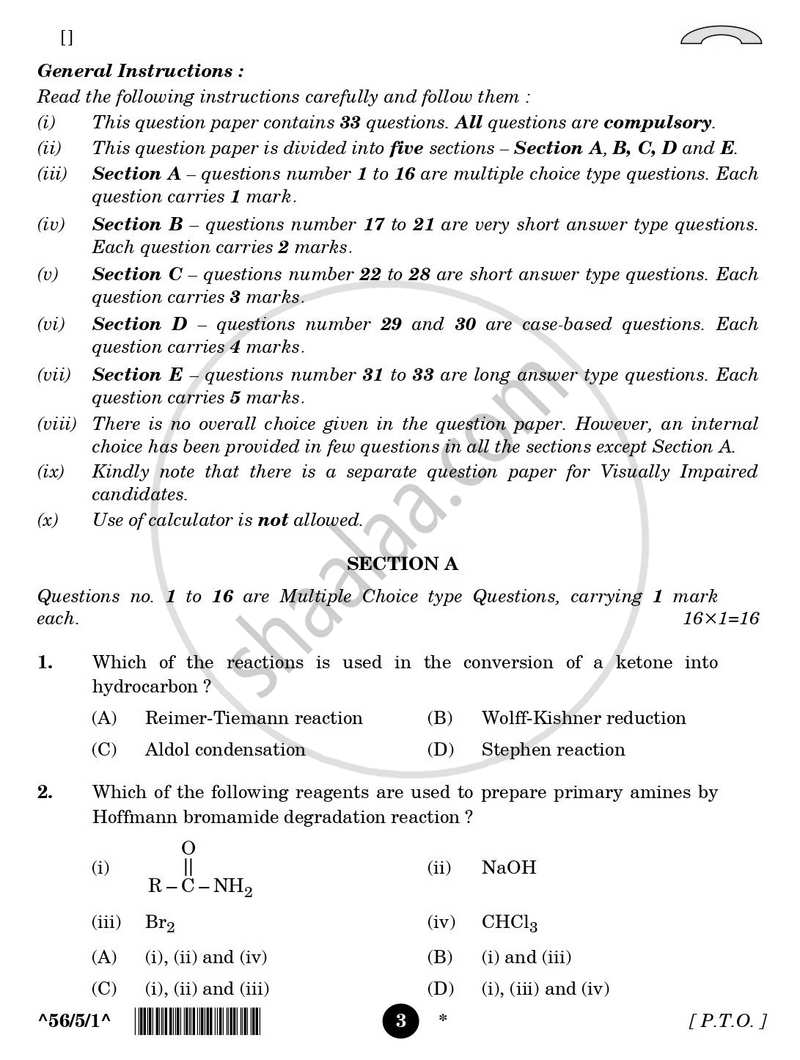 Chemistry 2025-2026 - CBSE 12th - Class 12 - CBSE (Central Board of Secondary Education) question paper with PDF download