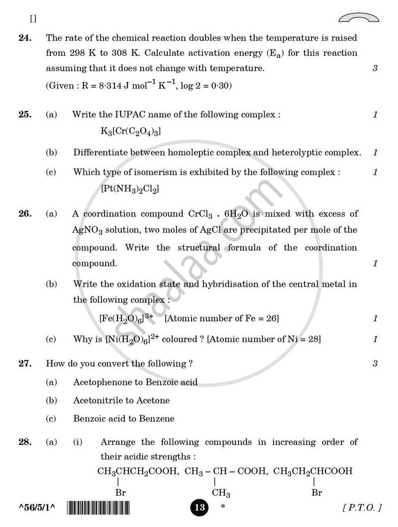Chemistry 2025-2026 - CBSE 12th - Class 12 - CBSE (Central Board of Secondary Education) question paper with PDF download