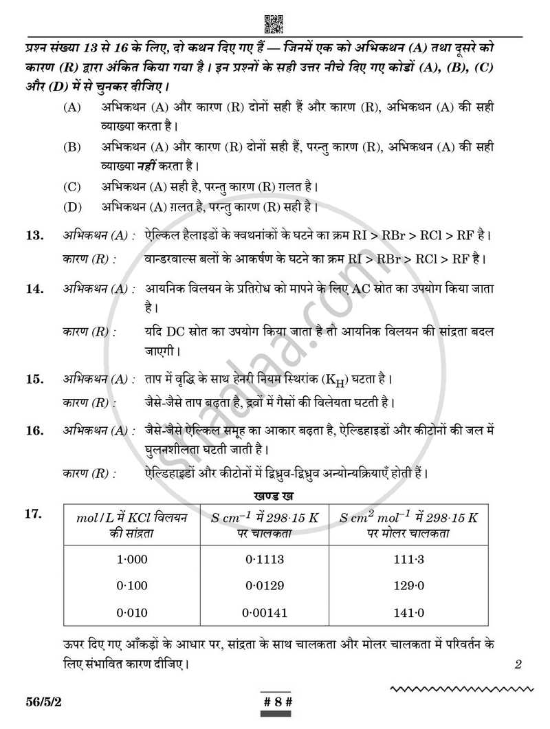 Chemistry (रसायन विज्ञान) 2024-2025 - CBSE 12th - Class 12 [कक्षा १२] - CBSE (Central Board of Secondary Education) question paper with PDF download
