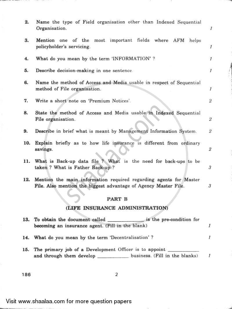Computers and Life Insurance Administration 2009-2010 - CBSE 12th - Class 12 - CBSE (Central Board of Secondary Education) question paper with PDF download