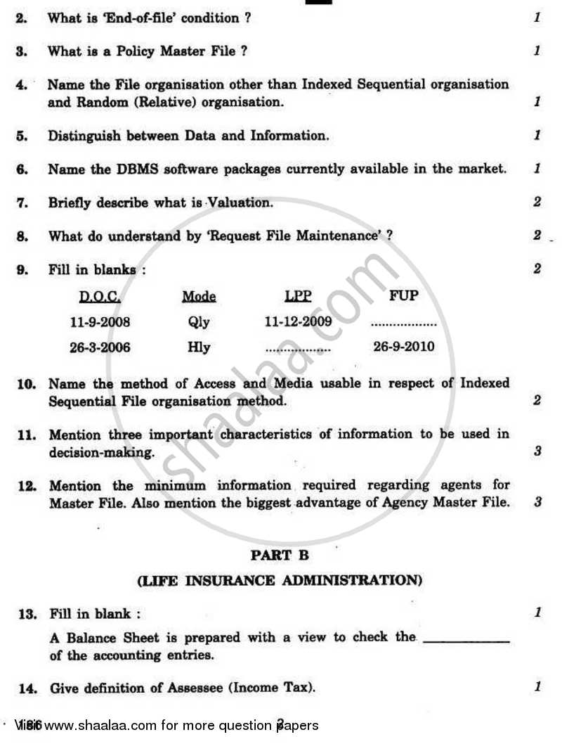 Computers and Life Insurance Administration 2010-2011 - CBSE 12th - Class 12 - CBSE (Central Board of Secondary Education) question paper with PDF download
