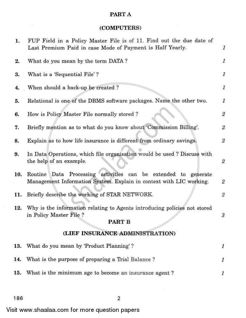 Computers and Life Insurance Administration 2011-2012 - CBSE 12th - Class 12 - CBSE (Central Board of Secondary Education) question paper with PDF download