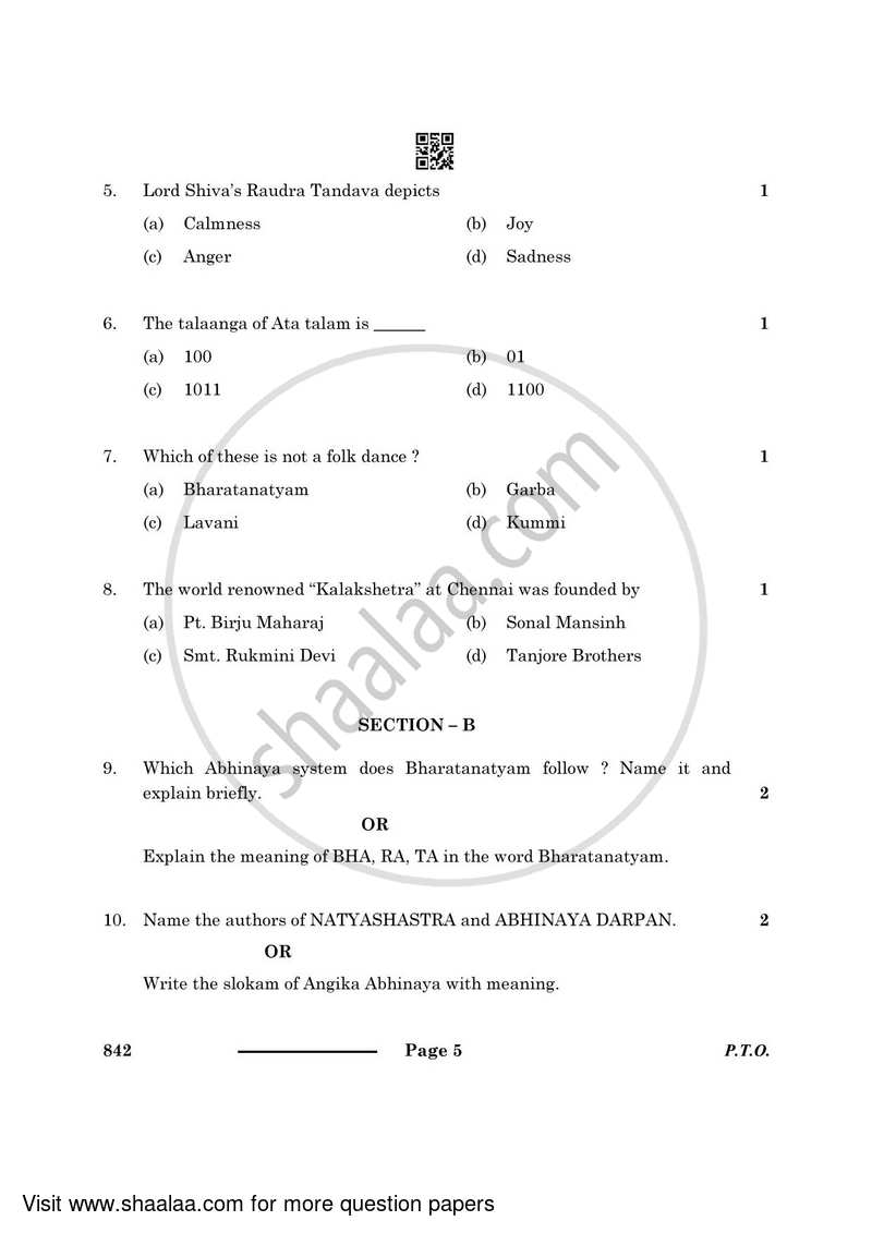 Dance Bharatnatyam 2023-2024 - CBSE 12th - Class 12 - CBSE (Central Board of Secondary Education) question paper with PDF download