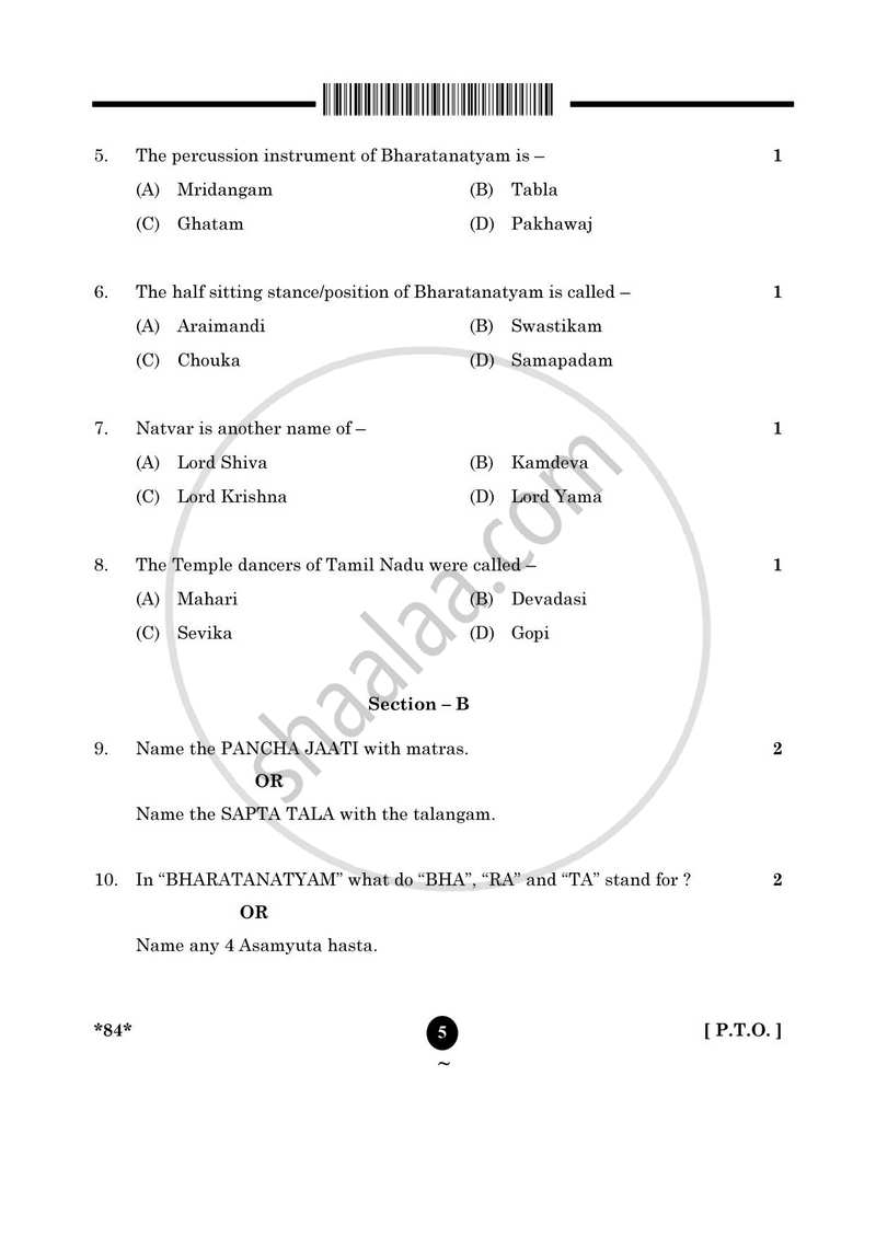 Dance Bharatnatyam 2024-2025 - CBSE 12th - Class 12 - CBSE (Central Board of Secondary Education) question paper with PDF download