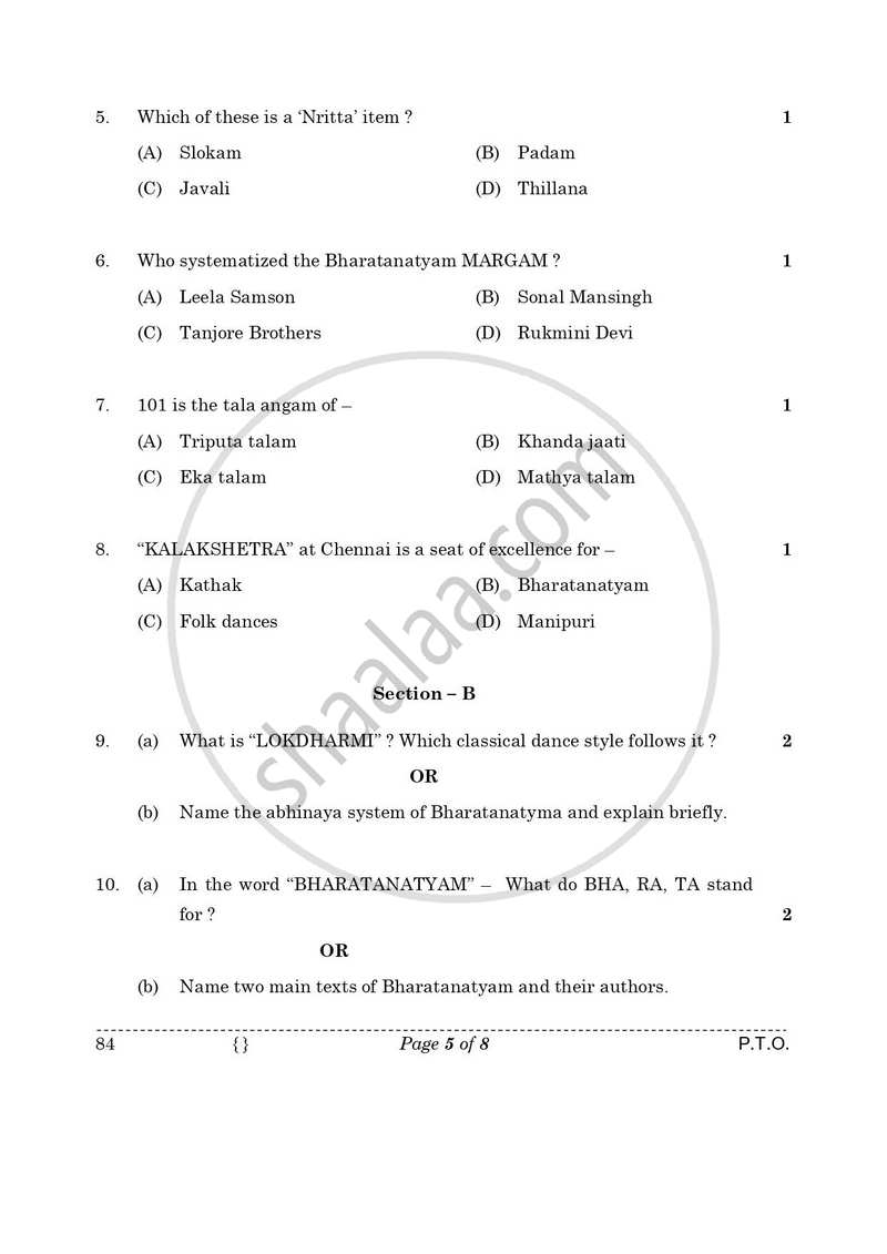 Dance Bharatnatyam 2025-2026 - CBSE 12th - Class 12 - CBSE (Central Board of Secondary Education) question paper with PDF download
