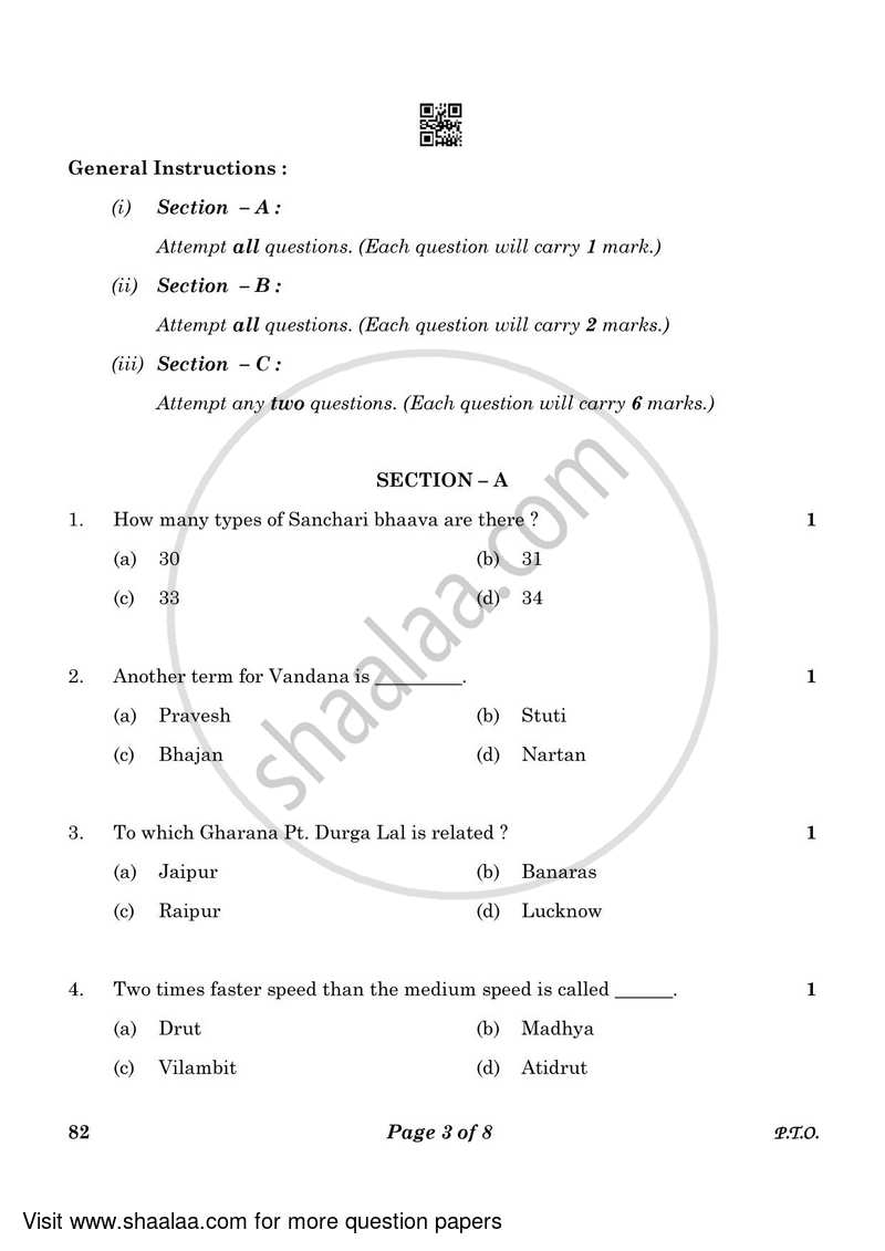 Dance Kathak 2022-2023 - CBSE 12th - Class 12 - CBSE (Central Board of Secondary Education) question paper with PDF download