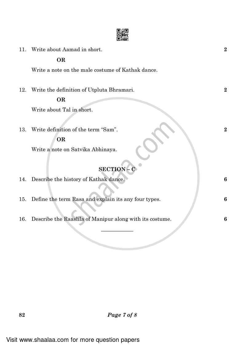 Dance Kathak 2022-2023 - CBSE 12th - Class 12 - CBSE (Central Board of Secondary Education) question paper with PDF download