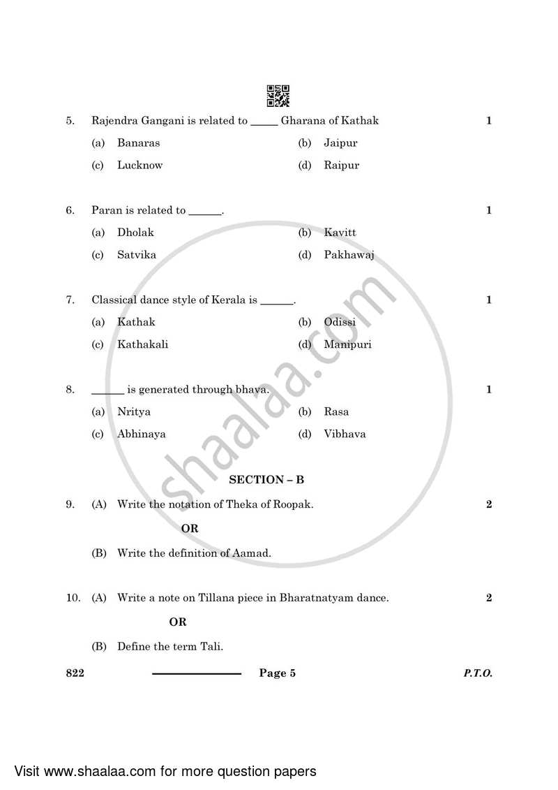 Dance Kathak 2023-2024 - CBSE 12th - Class 12 - CBSE (Central Board of Secondary Education) question paper with PDF download