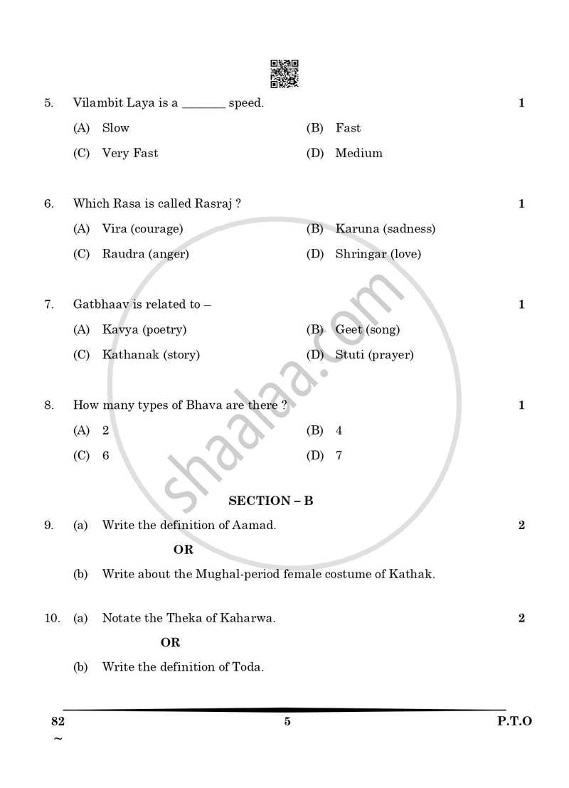 Dance Kathak 2024-2025 - CBSE 12th - Class 12 - CBSE (Central Board of Secondary Education) question paper with PDF download