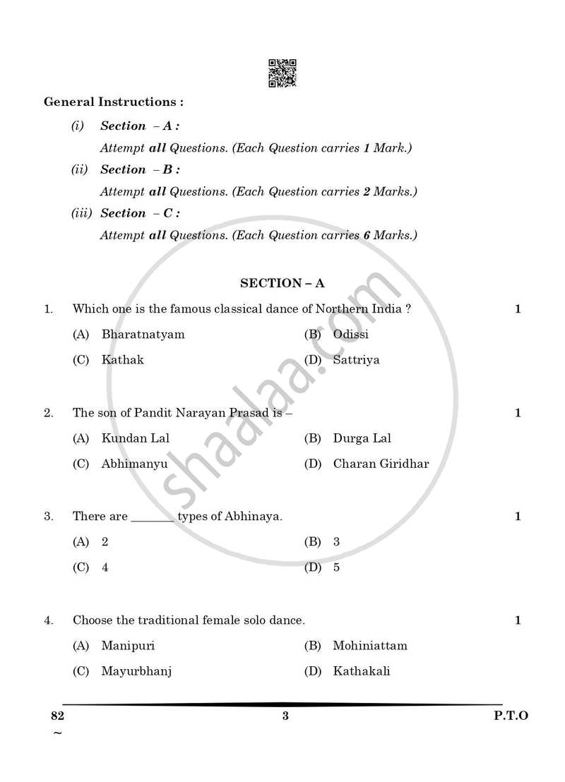 Dance Kathak 2024-2025 - CBSE 12th - Class 12 - CBSE (Central Board of Secondary Education) question paper with PDF download