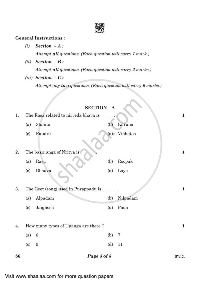 Dance Kathakali 2022-2023 - CBSE 12th - Class 12 - CBSE (Central Board of Secondary Education) question paper with PDF download