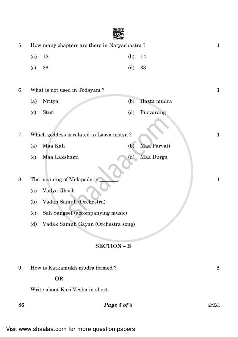 Dance Kathakali 2022-2023 - CBSE 12th - Class 12 - CBSE (Central Board of Secondary Education) question paper with PDF download