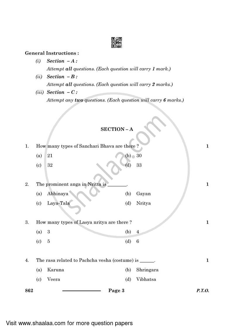 Dance Kathakali 2023-2024 - CBSE 12th - Class 12 - CBSE (Central Board of Secondary Education) question paper with PDF download
