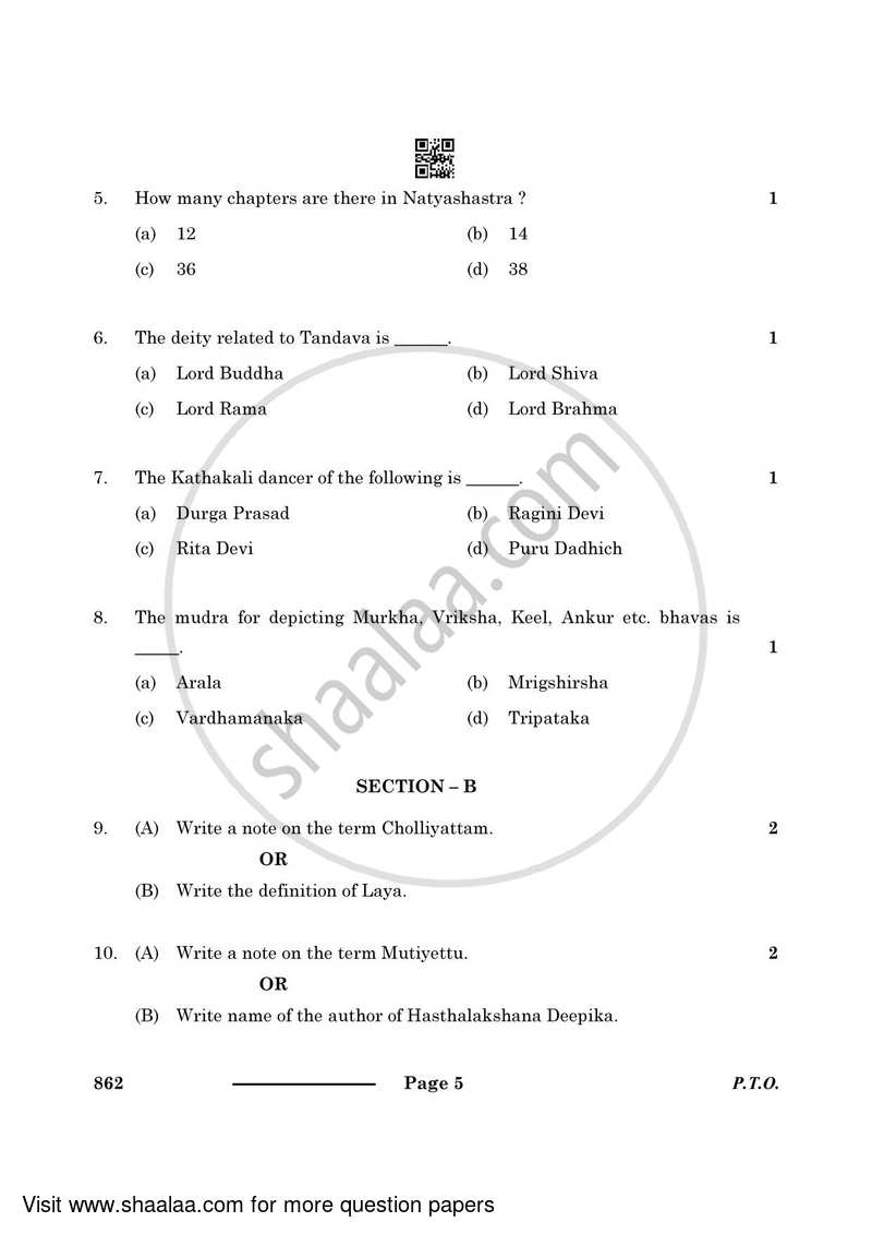 Dance Kathakali 2023-2024 - CBSE 12th - Class 12 - CBSE (Central Board of Secondary Education) question paper with PDF download