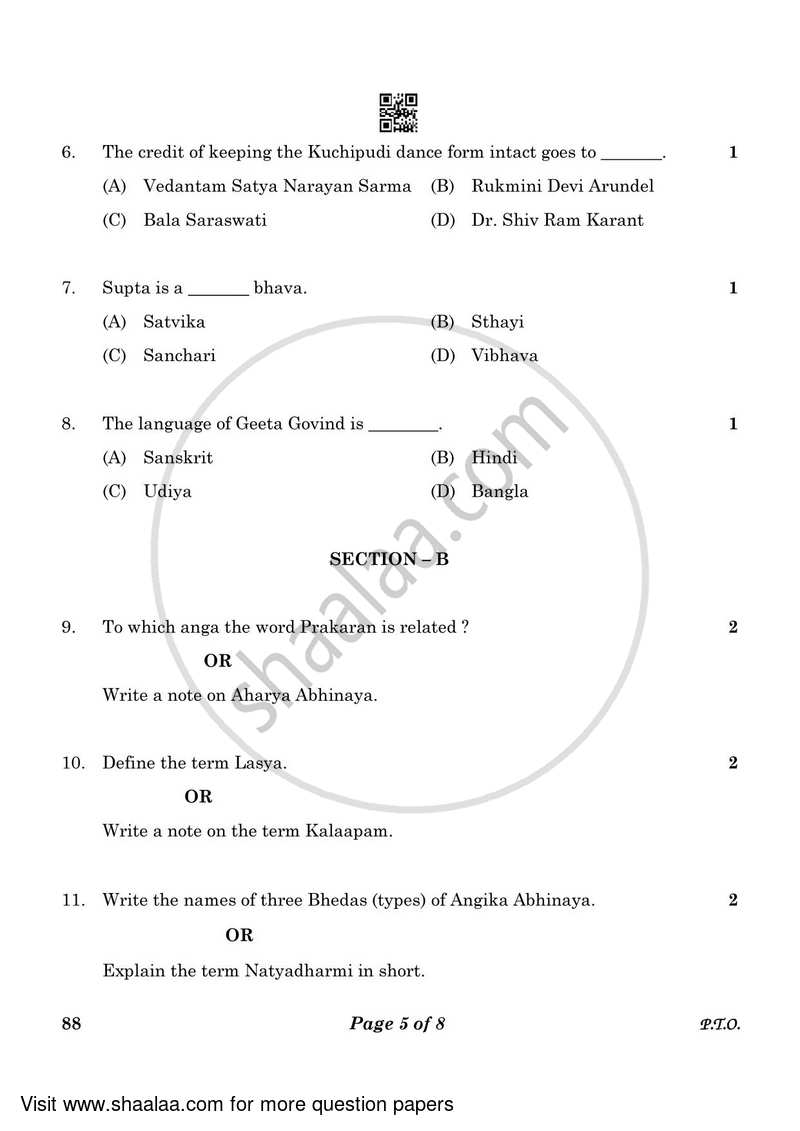 Dance Kuchipudi 2022-2023 - CBSE 12th - Class 12 - CBSE (Central Board of Secondary Education) question paper with PDF download